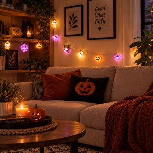 Halloween String Lights Battery Operated, Pumpkin Ghost LED Fairy Lights, Spooky Party Decor, Mantel Window Staircase Decoration