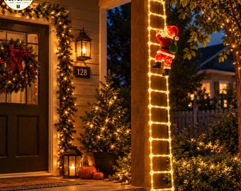 May include: A lighted Christmas decoration featuring a figure of Santa Claus climbing a tall, illuminated ladder. The ladder is outlined with warm white LED lights, and the Santa figure wears a traditional red suit with a green sack.