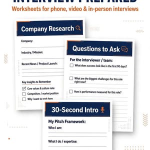 Puede incluir: Tres hojas de trabajo blancas para preparación de entrevistas con encabezados azul oscuro y detalles en naranja. El texto dice: WALK INTO EVERY INTERVIEW PREPARED, Company Research, Questions to Ask y 30-Second Intro, con casillas y líneas.
