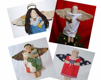 May include: Four handmade fabric angels with patchwork wings and dresses. The angels are in various poses, including standing, sitting, and flying. The angels are made from a variety of fabrics, including quilt scraps, and have a vintage look. The image includes the text "Heirloom Angel" and "Wall Décor or Tree Topper".
