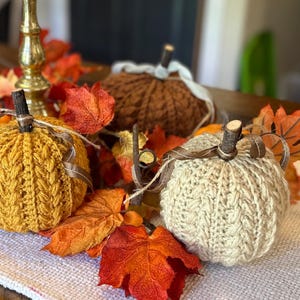 May include: Three crocheted pumpkins in mustard yellow, cream, and brown, each featuring a textured cable knit pattern, a dark brown twig stem, and a thin brown ribbon tied around the top, surrounded by artificial orange and red maple leaves.