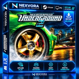 Puede incluir: Una caja de juego digital para Need for Speed Underground 2 con una rueda de coche verde y un horizonte urbano. La caja muestra el logotipo de Nexvora, iconos de Steam y PC, y texto que incluye Offline Activation, Instant Delivery y Offline Play.
