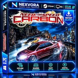 May include: A rectangular PC game box for Need for Speed Carbon featuring a red sports car drifting on a night track with a yellow car behind it. The blue-bordered box displays Nexvora branding, Steam and PC icons, and text including Offline Activation and Instant Delivery.