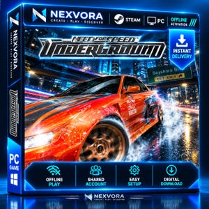 Può includere: Una confezione di gioco digitale per Need for Speed Underground con un'auto sportiva arancione brillante che derapa su una strada cittadina bagnata di notte. La scatola include il logo Nexvora, icone Steam e PC e l'attivazione offline.