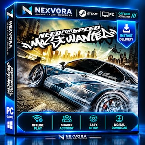 Może przedstawiać: Cyfrowe pudełko z grą Need for Speed Most Wanted przedstawiające srebrny samochód sportowy driftujący na asfaltowej drodze na tle panoramy miasta. Pudełko zawiera napisy Nexvora, Steam, PC, Offline Activation oraz Instant Delivery.