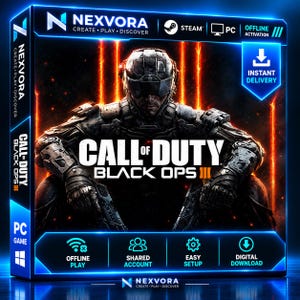 May include: A digital game box for Call of Duty Black Ops III featuring a soldier in tactical gear against an orange glowing background. The packaging includes Nexvora branding, Steam and PC icons, and text indicating offline activation.
