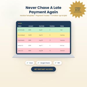 Op de afbeelding: Een digitaal factuursjabloon en betalingstracker op een laptopscherm met de tekst Never Chase A Late Payment Again, 3 Tools In 1 Kit, en knoppen voor Excel, Google Sheets en PDF. Een donkerblauwe knop bevat de tekst GET INSTANT ACCESS.