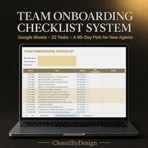 Può includere: Uno schermo di computer portatile che mostra un sistema di lista di controllo per l'inserimento del team su Google Sheets. Il foglio di calcolo include campi per i dettagli dei nuovi assunti e 22 attività organizzate in un percorso di 90 giorni.
