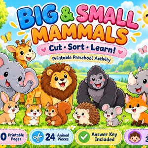 Può includere: Un'attività prescolare stampabile intitolata Big & Small Mammals con illustrazioni a cartoni animati di elefante, giraffa, leone, gorilla, rinoceronte, coniglio, criceto, scoiattolo, riccio, topo e volpe in un campo con 10 pagine e 24 pezzi.