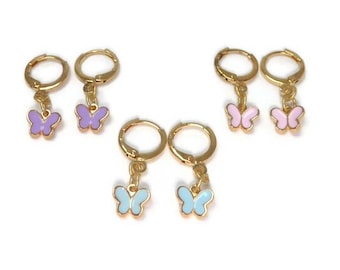 Pastel Butterfly Huggie Earrings in Choice of Blue, Purple or Pink