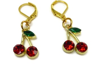Gold Cherry Fruit Earrings with Red and Green Crystals