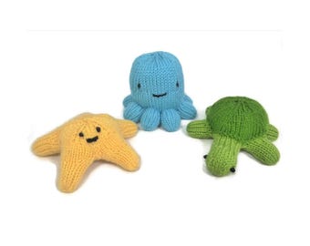 Hand Knit Stuffed Sea Creatures: Octopus, Starfish, Turtle Plush Toys