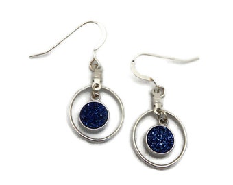 Indigo Druzy Earrings; Blue Crystal Earrings; Hoop Earrings