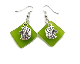 Fish Charm Earrings with Green Beach Style Glass
