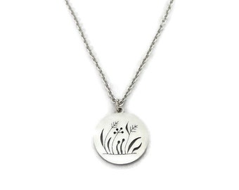 Minimalist Nature Pendant; Stainless Steel Necklace featuring Prairie Flora