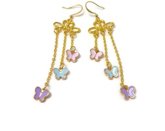 Pastel Butterfly Chandelier Earrings with Pink,Purple and Blue Charms