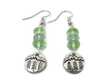 Silver Mountain Tree Earrings with green glass beads