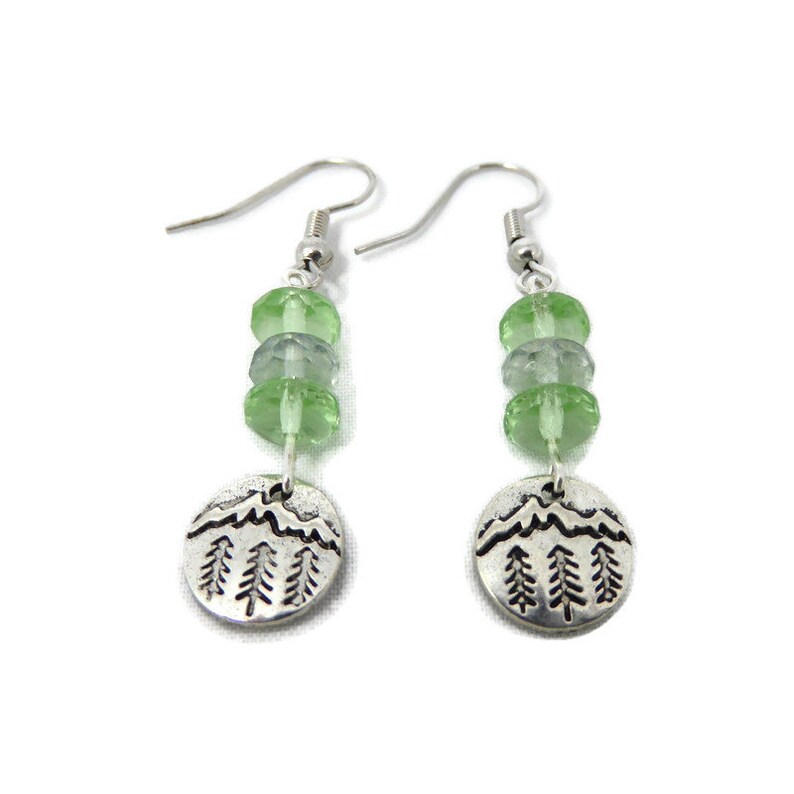 Silver Mountain Tree Earrings with green glass beads image 1