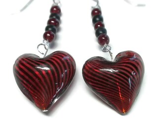 Red Heart Earrings with Black Stripes