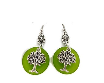 Green Glass Tree Charm Earrings