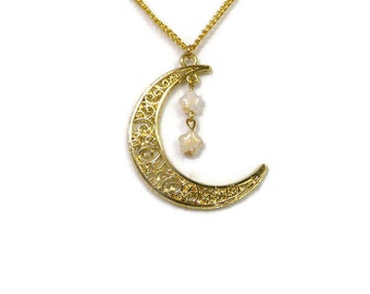 Gold Crescent Moon Necklace with Stars