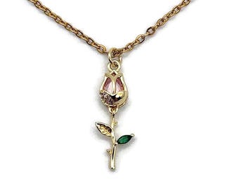 Pink Tulip Necklace|Gold Flower Pendant