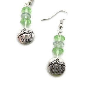 Silver Mountain Tree Earrings with green glass beads image 2