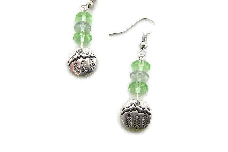 Silver Mountain Tree Earrings with green glass beads image 2