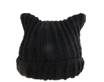 Woman's Black Cat Ear Beanie Handknit out of Black Wool