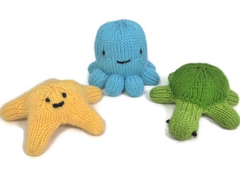 Knitted Stuffed Sea Creatures; Octopus Plush; Starfish Plush; Turtle Plush