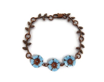 Blue Glass Copper Flower Bracelet