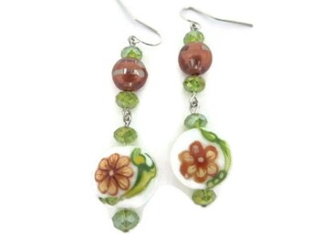 Flower Dangle Earrings in Orange and Green. Fall Earrings