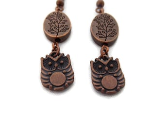 Antique Copper Leaf and Owl Earrings