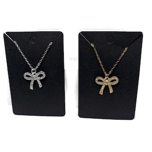Silver or Gold Coquette Bow Necklace – Rhinestone Pendant on Stainless Steel Chain