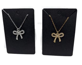 Silver or Gold Coquette Bow Necklace – Rhinestone Pendant on Stainless Steel Chain
