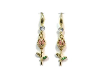 Gold Tulip Earrings with a Pink Crystal Bud