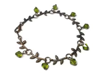 Copper Leaf Bracelet with Olivine Crystals