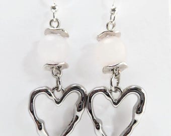 Platinum Plated Heart Charm Earrings with Rose Quartz Beads