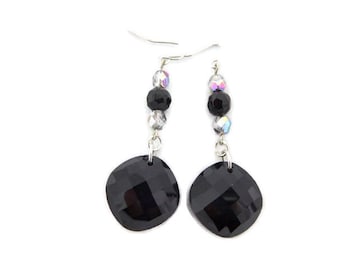 Black Glass Dangle Earrings with Crystal beads