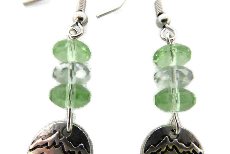 Silver Mountain Tree Earrings with green glass beads image 4