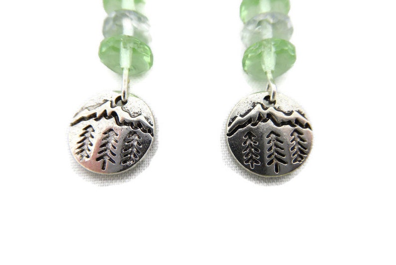 Silver Mountain Tree Earrings with green glass beads image 3