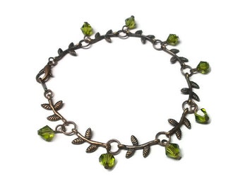 Copper Leaf Bracelet with Olivine Crystals