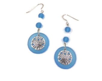 Recycled Blue Glass Sand Dollar Earrings,Beach Jewelry