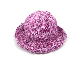 Summer baby hat hand knit in pink and purple, 6-12 months, ready to ship