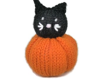 Handknit Black Cat in a Pumpkin for Halloween Decor