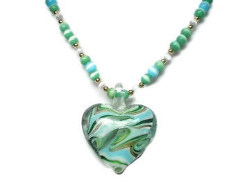 Murano Lampwork Heart Pendant in shades of Green Blue and Gold