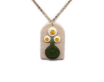 Daisy Bouquet Necklace | Floral Vase Pendant | Polymer Clay Flower Necklace
