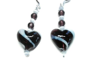 Hand Blown Glass Heart Earrings in Amethyst and White