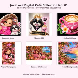 Puede incluir: JavaLove Digital Café Collection No. 01 con 50 diseños digitales en 6 colecciones coordinadas. Incluye ilustraciones de un personaje con un perro, un perro con corona, tazas de café y escenas de playa tropical para uso digital.