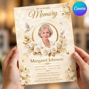 Puede incluir: Una plantilla de programa funerario titulada In Loving Memory con el retrato de una mujer, rosas blancas, hojas doradas y dos palomas blancas. El texto incluye Margaret Johnson, fecha de nacimiento 12 de marzo de 1958, fallecimiento 26 de marzo de 2026.